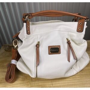 Cynthia Rowley White w/ Brown Genuine Leather Purse Bag Hobo Large Crossbody